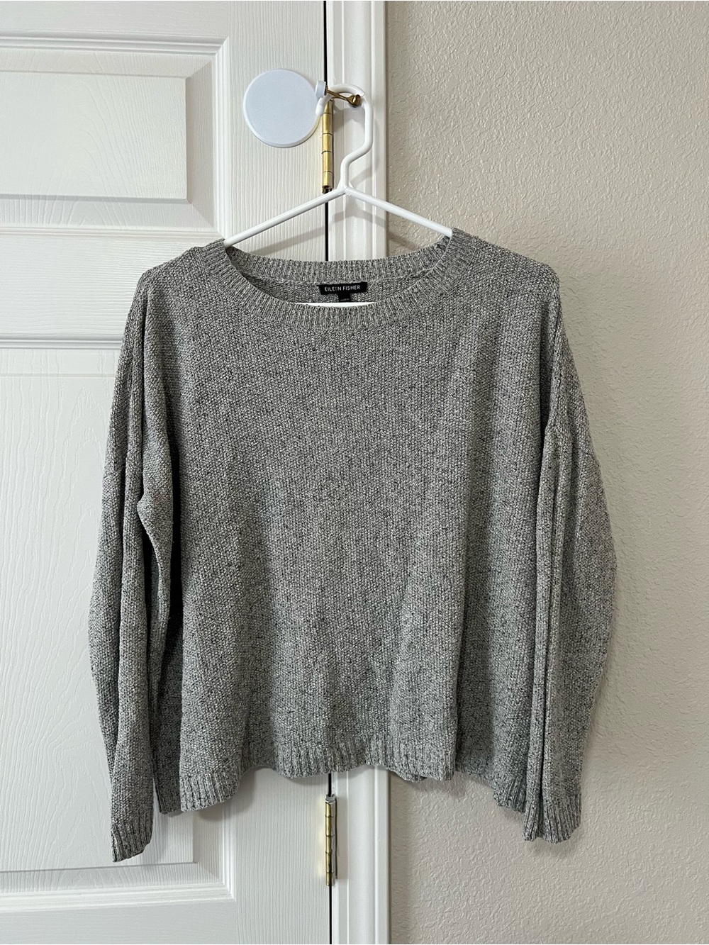 Eileen Fisher Gray 100% Silk Textured Knit Boxy Fit Crewneck Sweater Size Medium
